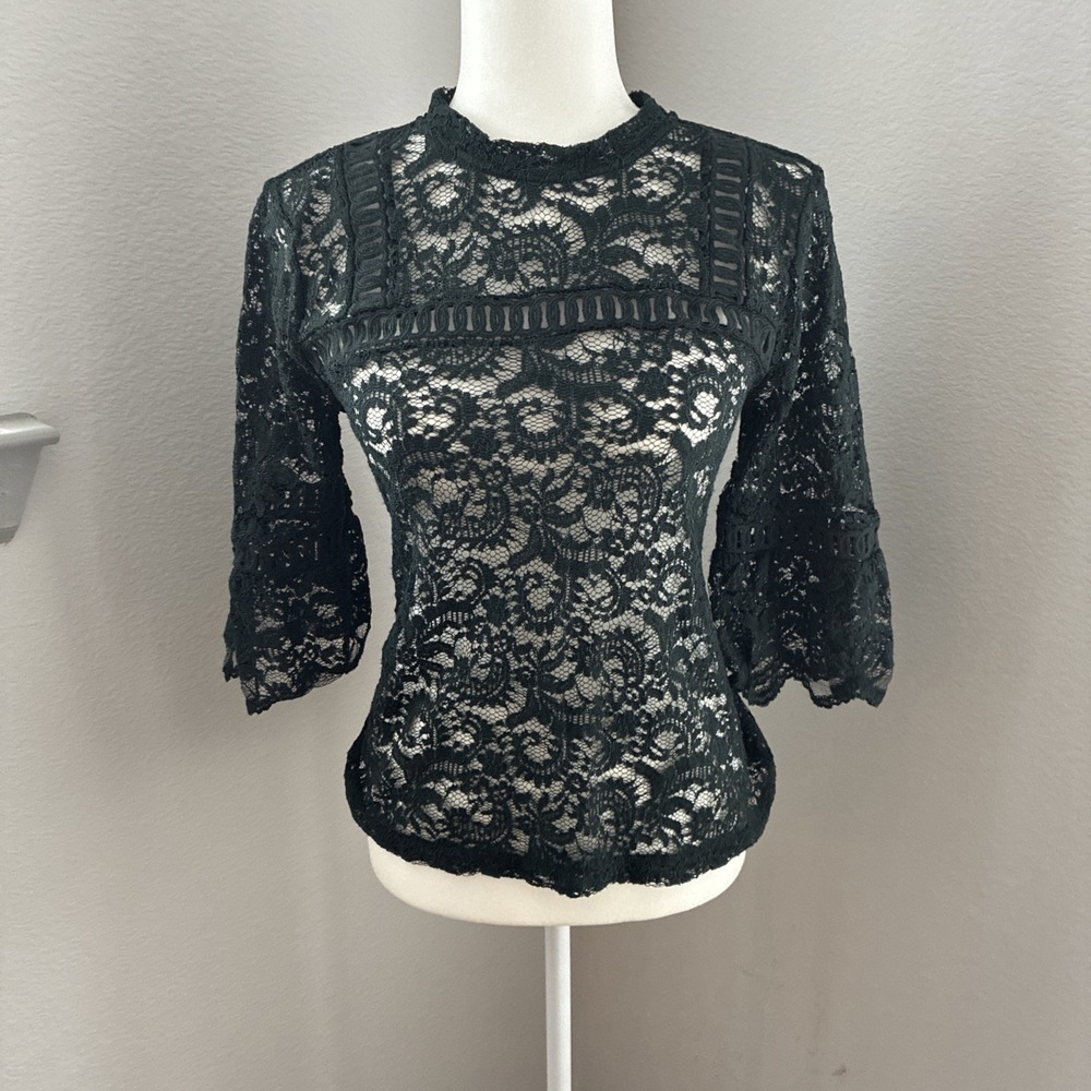 Loft Bell Sleeve Lace Top S Emerald Green Sheer Mesh Dark Romantic Whimsigoth